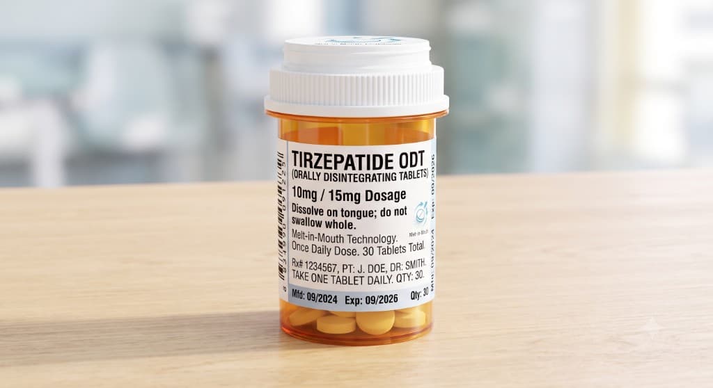 Amber prescription bottle of Tirzepatide orally disintegrating tablets (ODT) for once-daily weight management
